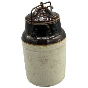 Antique Stoneware Weir # 2 Pickle Crock 1qt Food Storage Brown Lid Metal Lock